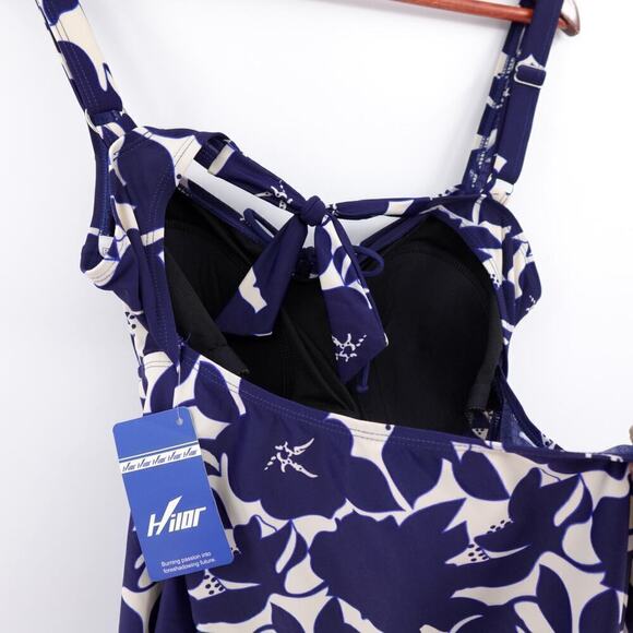 Hilor Tankini Top Womens 16 Blue Floral Ruched Side Built in Bra Cruise Flowy - Picture 7 of 16